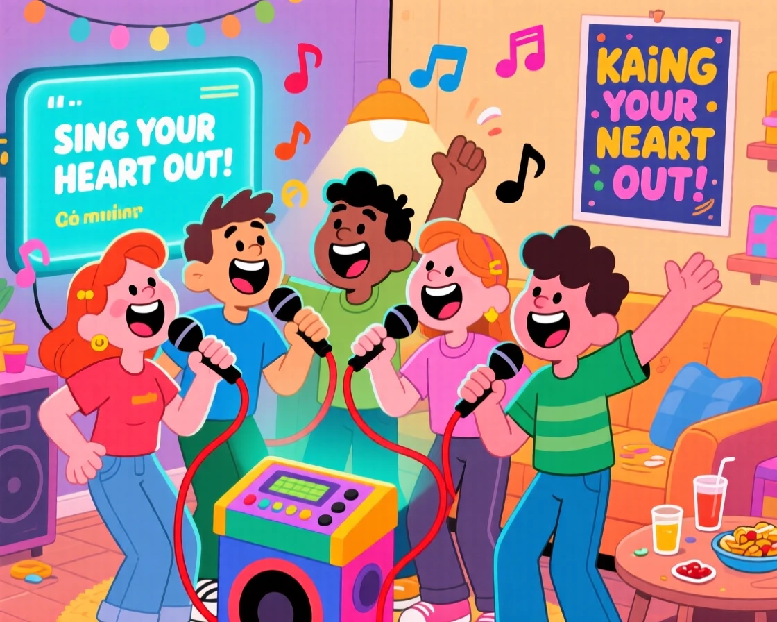A group of friends singing karaoke together, laughing mid-song.