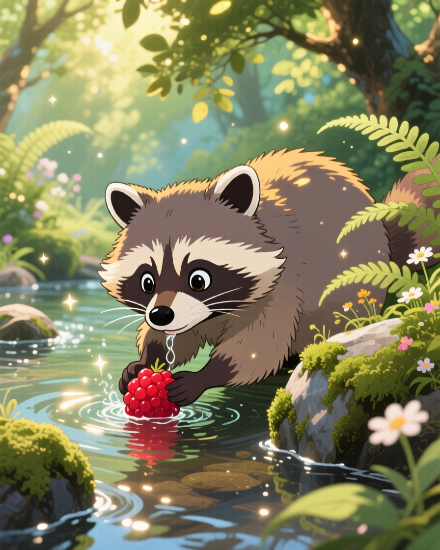 A raccoon washing a berry in a shallow stream, with soft afternoon light warming its fur, radiating pure charm.