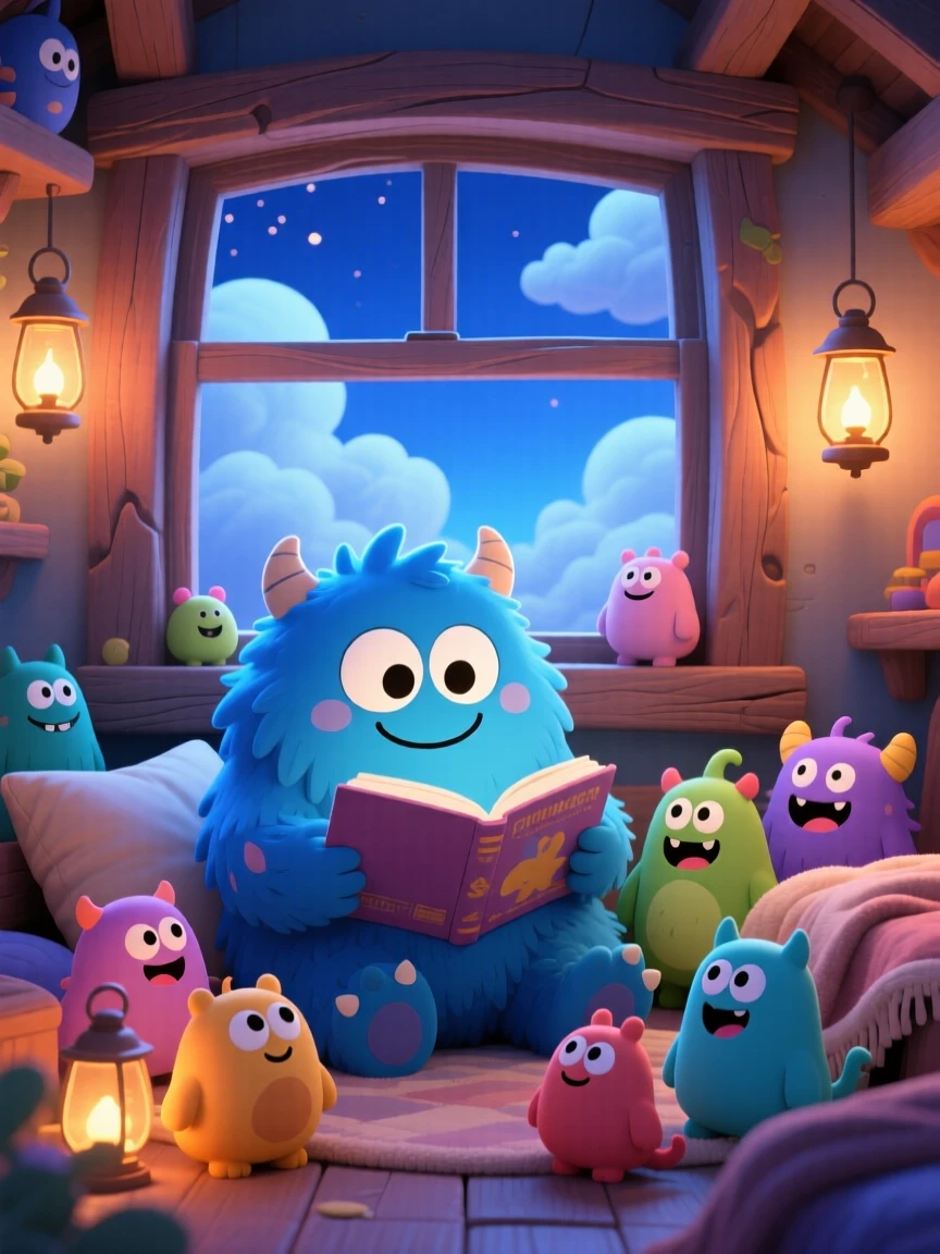 Framed through a window: a fluffy blue monster, reading a bedtime story to smaller monsters, set against a cozy monster den beneath fluffy drifting clouds, with cool blue twilight glow and a mood of giggling amusement.