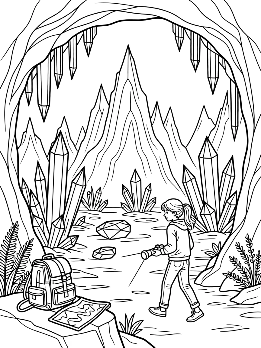 A hidden cave filled with glowing crystals, with jagged peaks rising in the background.
