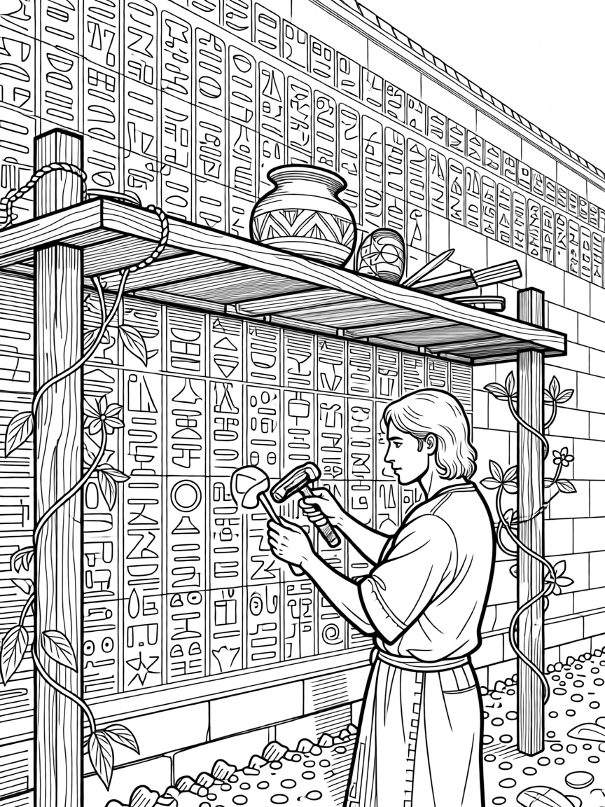 A scene of hieroglyphs being carved into an ancient temple wall.