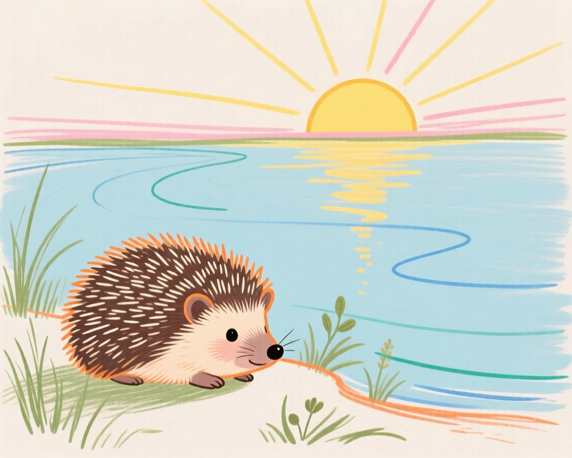 A small hedgehog resting beside a still lake at sunrise.