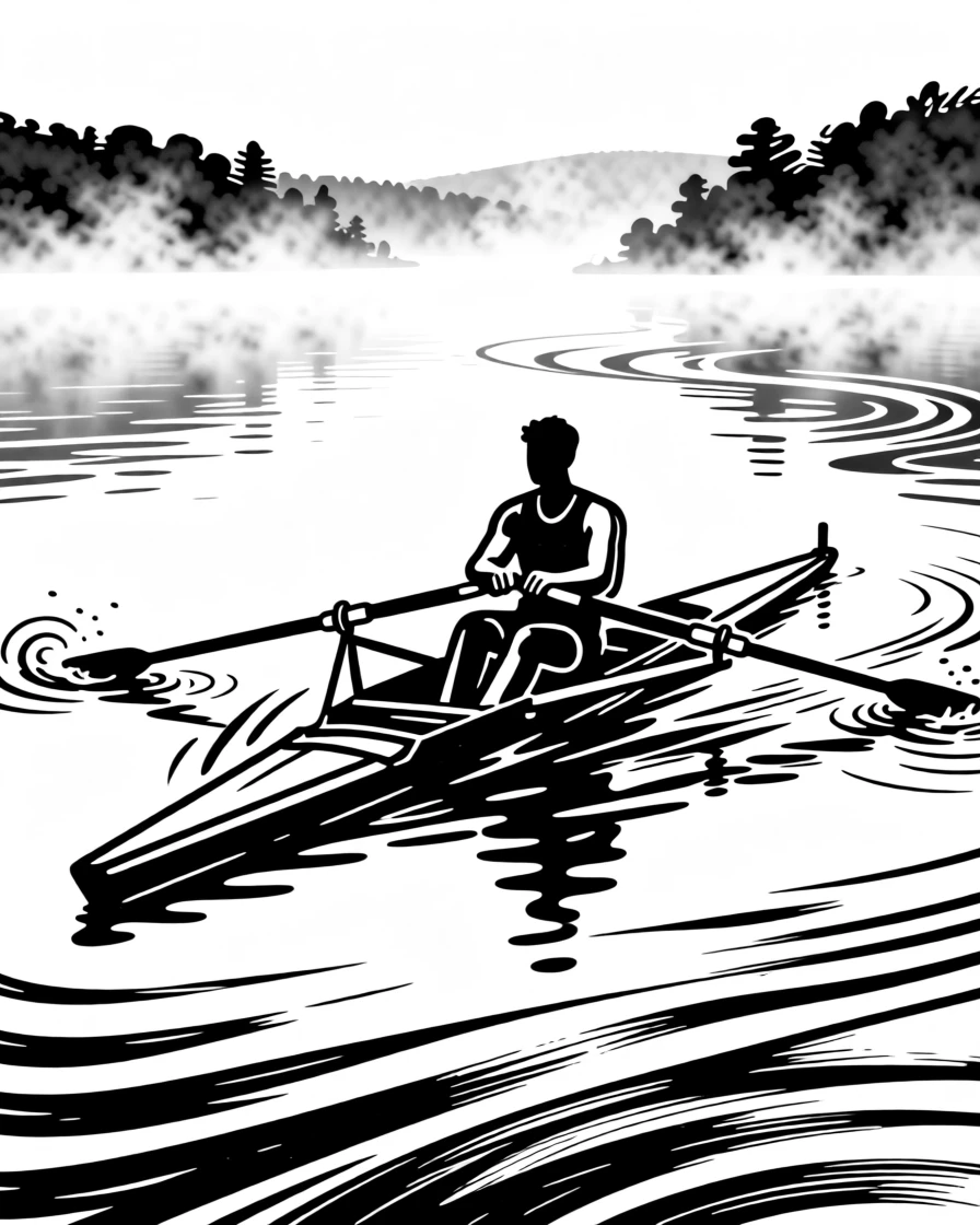 A rower gliding a scull across a misty morning lake.