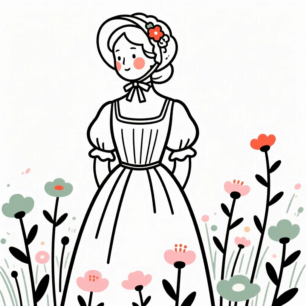 A regency-era debutante at a garden party, in a field of wildflowers.