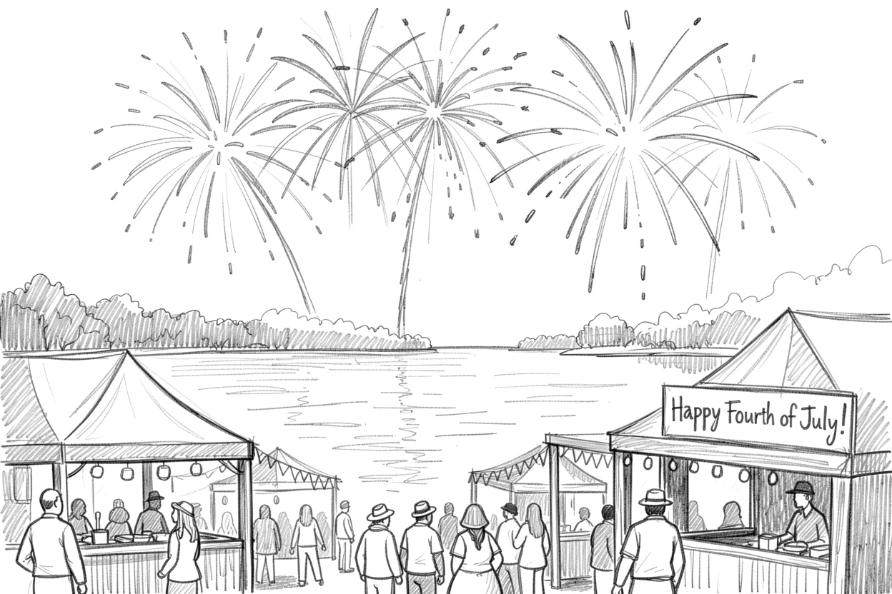 A festive scene of a Fourth of July fireworks display over a lake in a bustling holiday market, with an atmosphere of celebration and togetherness.