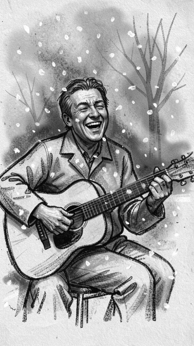 A blind musician performing with pure joy on his face, under a soft blanket of falling snow.