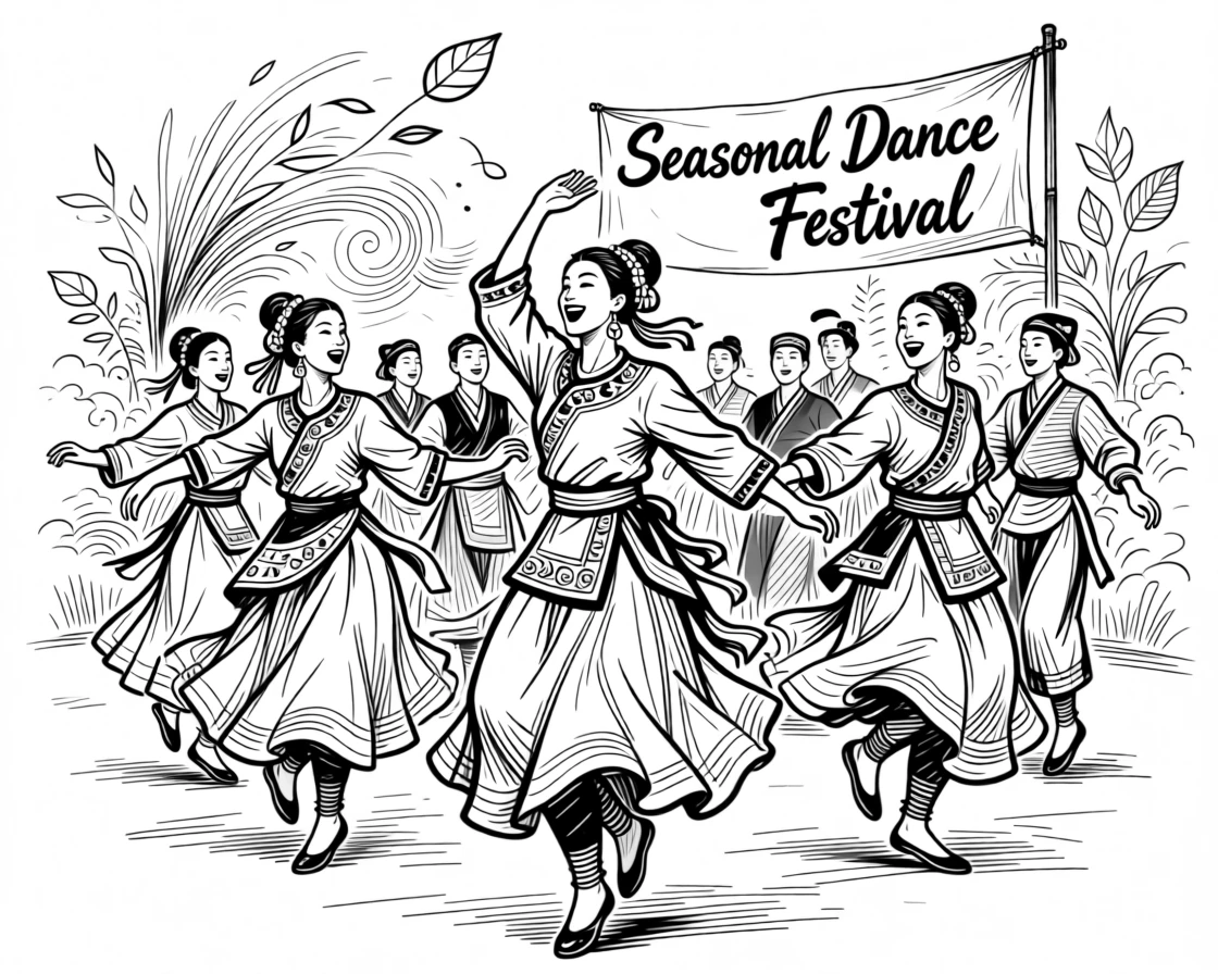 A vibrant traditional dance celebration marking the change of seasons.