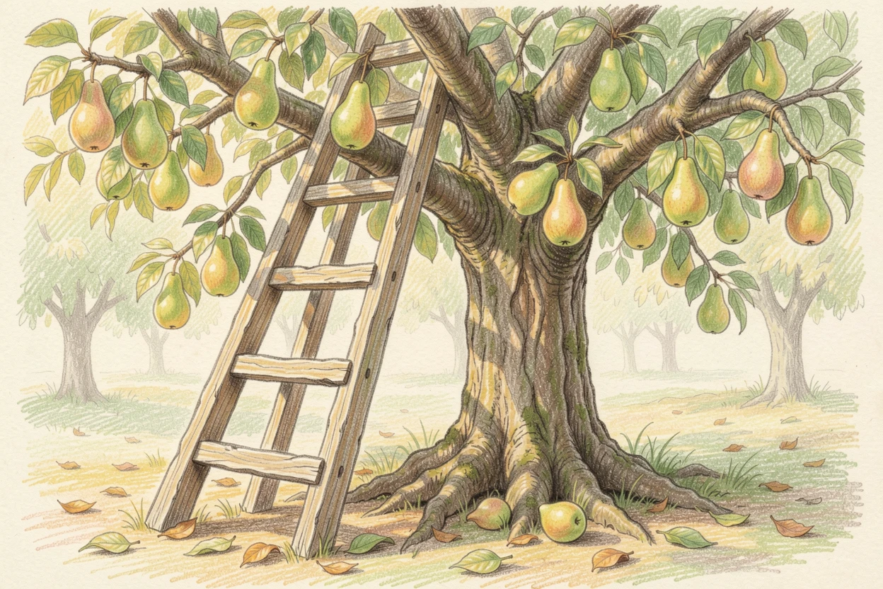 A rustic orchard ladder resting against a tree heavy with pears, with soft, natural light bringing warmth to every detail, radiating comfort, joy, and quiet beauty.
