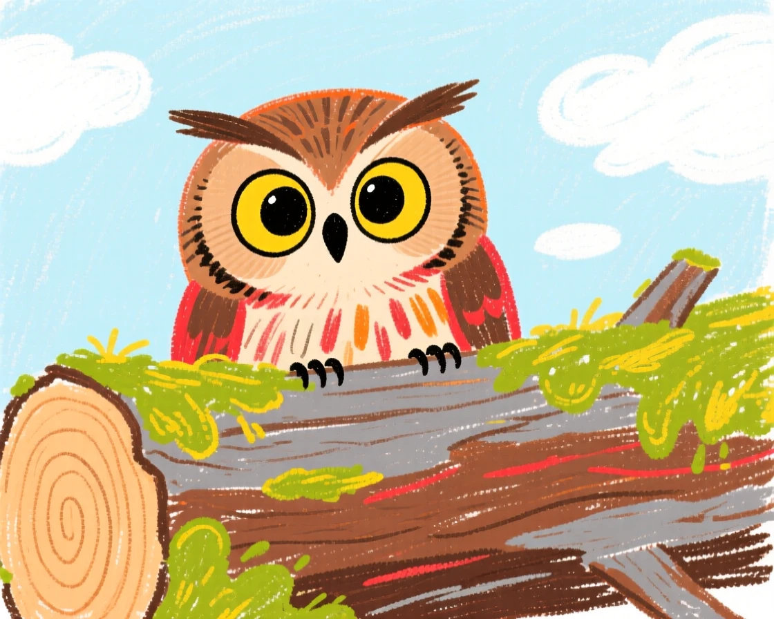 A screech owl peeking out from behind a moss covered log.