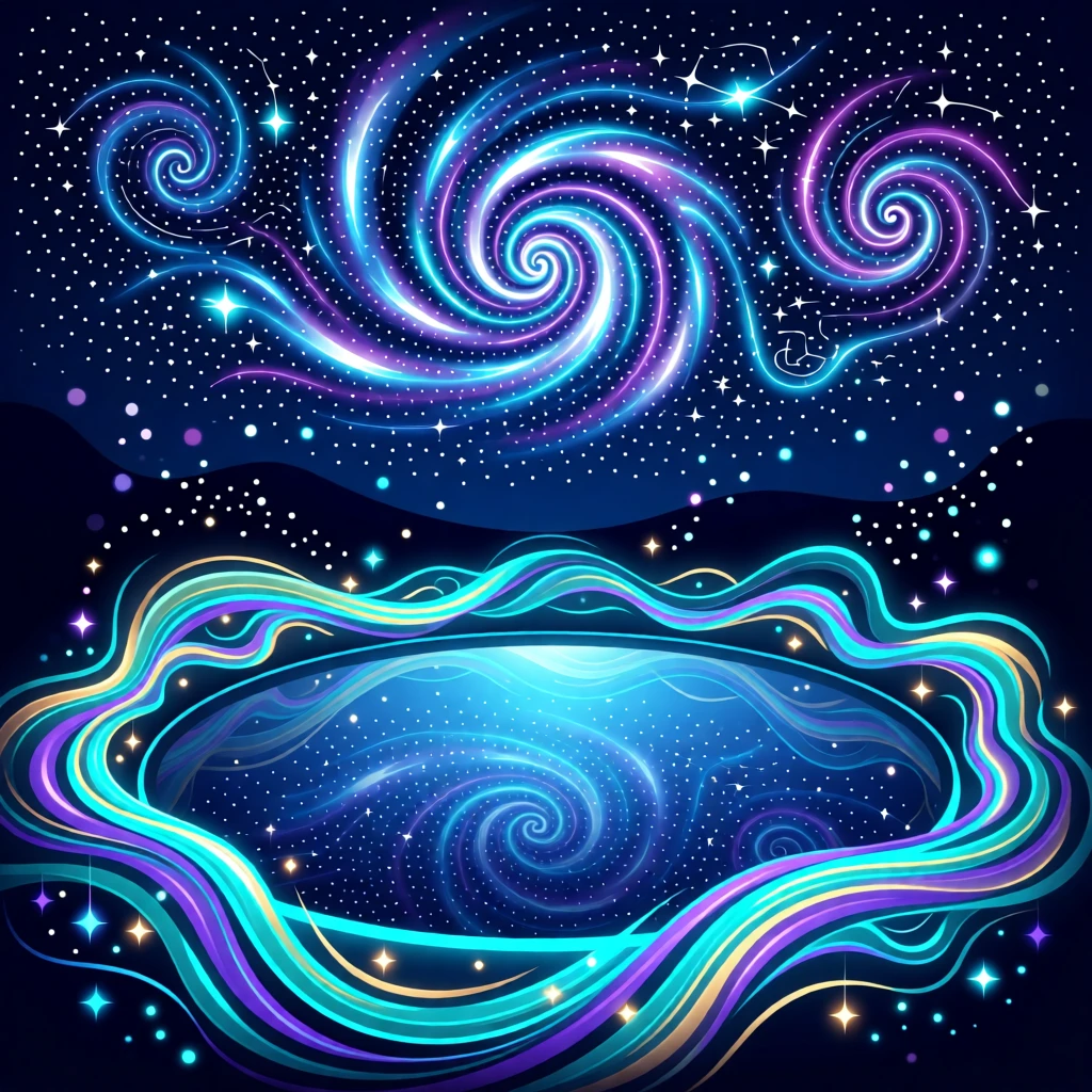 A magical pond reflecting a sky full of swirling constellations, surrounded by swirling magical energy and sparkling light, arranged with dramatic lighting emphasizing the magical elements, with subtle magical particles drifting through the air.