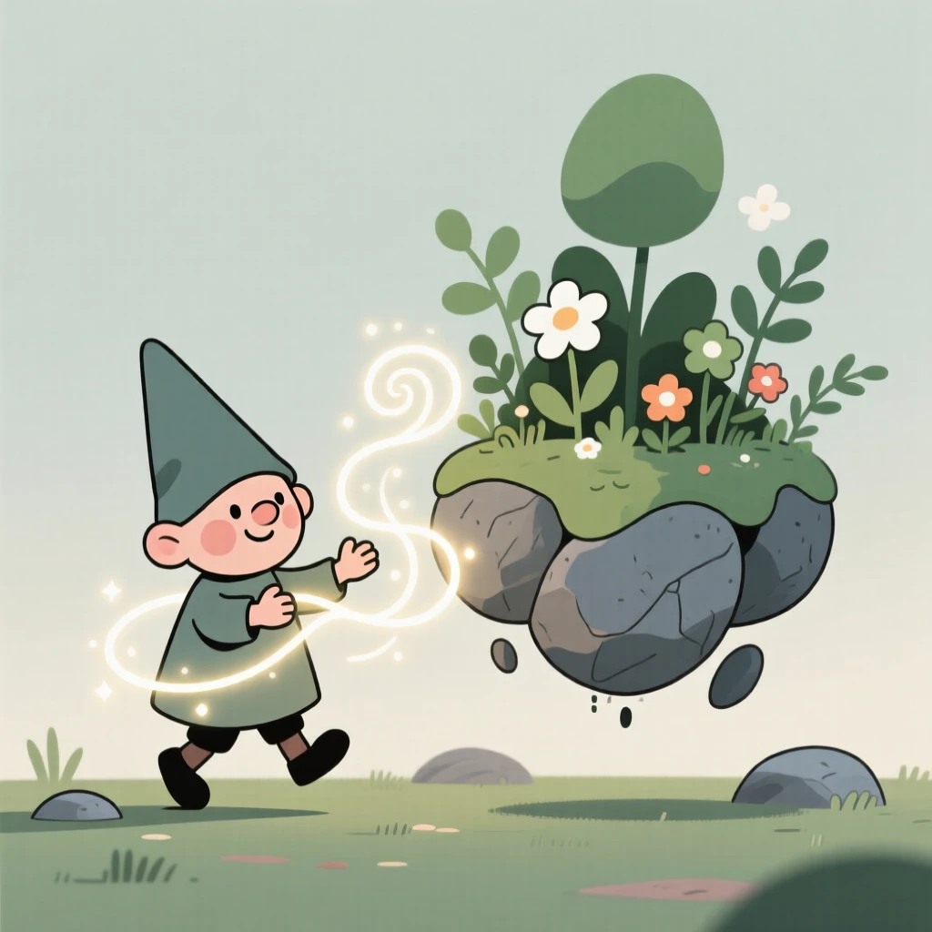 A tiny gnome weaving spells of light near a floating garden.