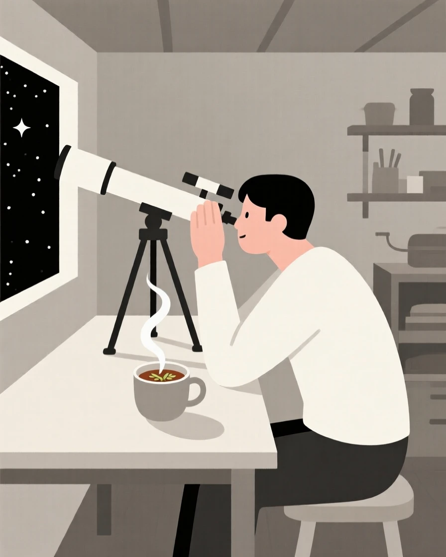 A person stargazing through a telescope in a cozy workshop, surrounded by a cup of herbal tea, showing peaceful absorption.
