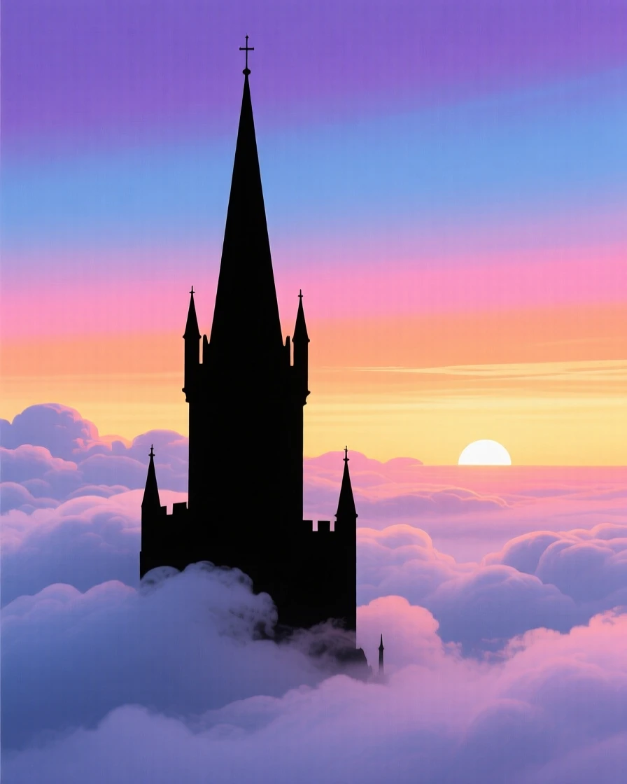 A castle spire piercing through a thick blanket of clouds at dawn.
