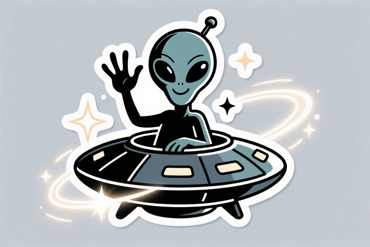 A confidently cool alien visitor waving from a tiny flying saucer, surrounded by glowing special effects, during an exciting made-up adventure.