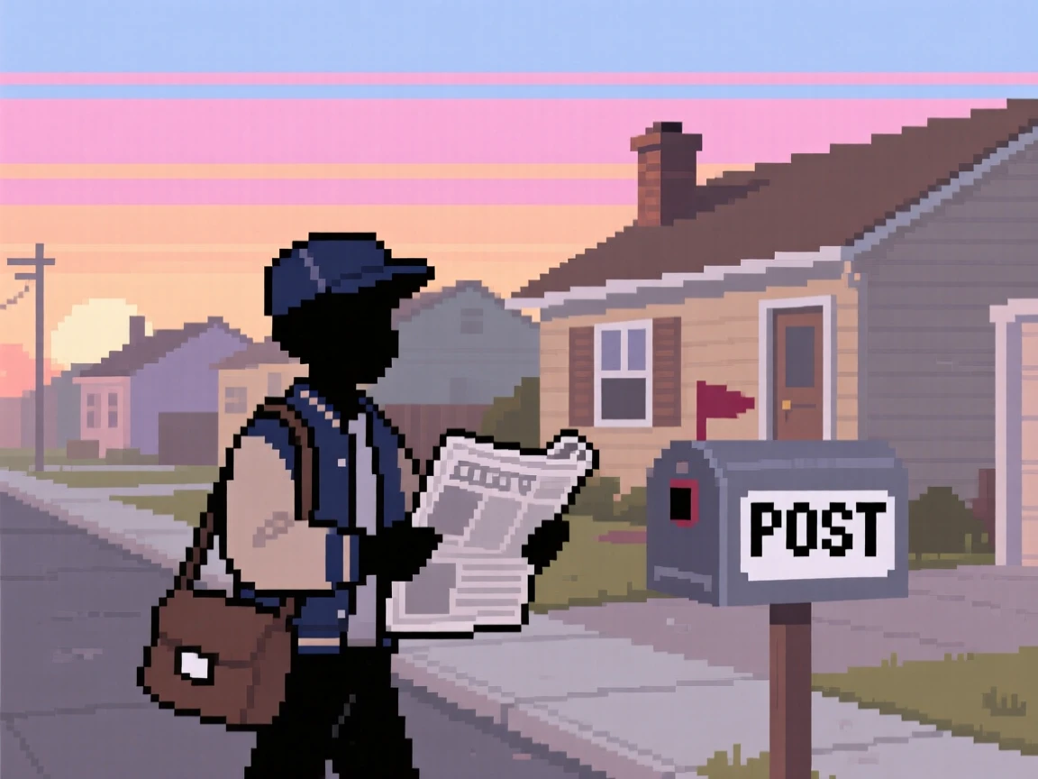 A paperboy delivering newspapers at dawn under a sky streaked with the colors of dusk, on a quiet suburban street in the 1980s.