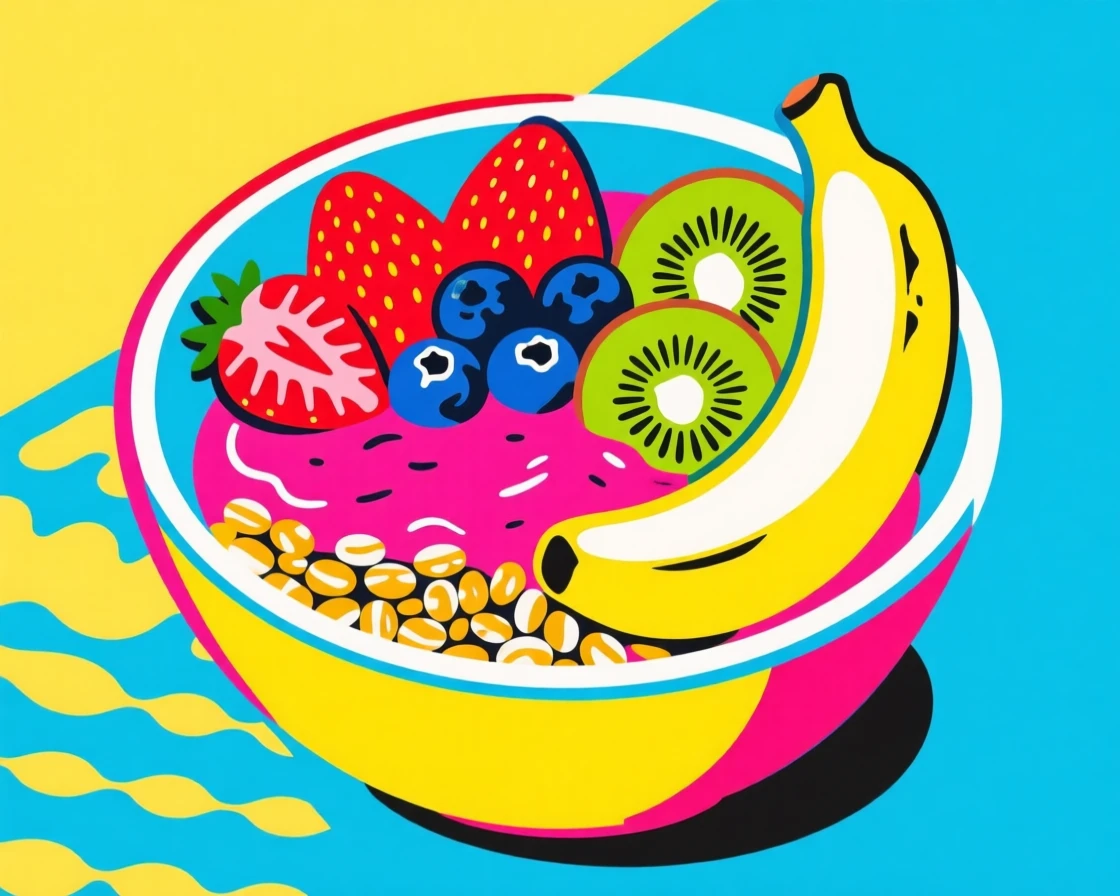Smoothie bowl topped with fresh fruit and granola