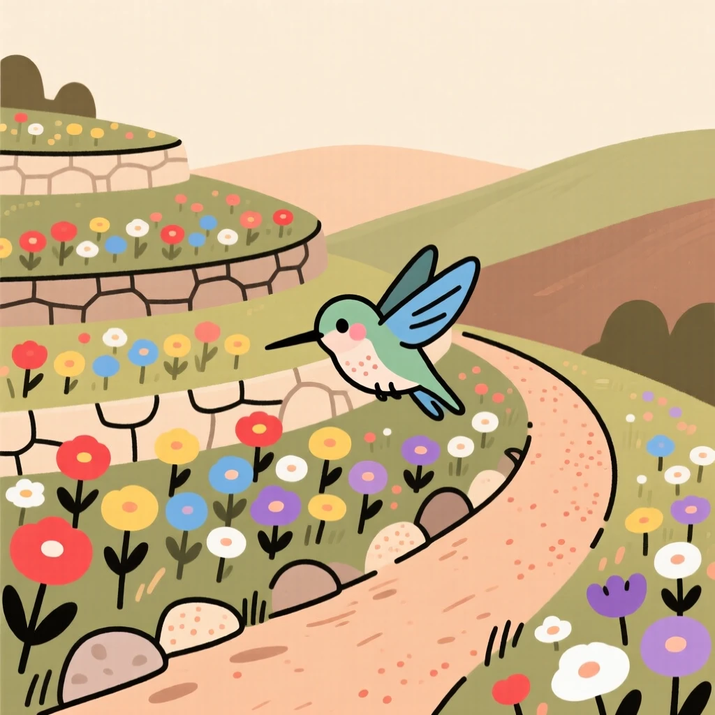 A winding path leads through a terraced hillside garden bursting with wildflowers of every color, where a hummingbird pauses among the blooms.