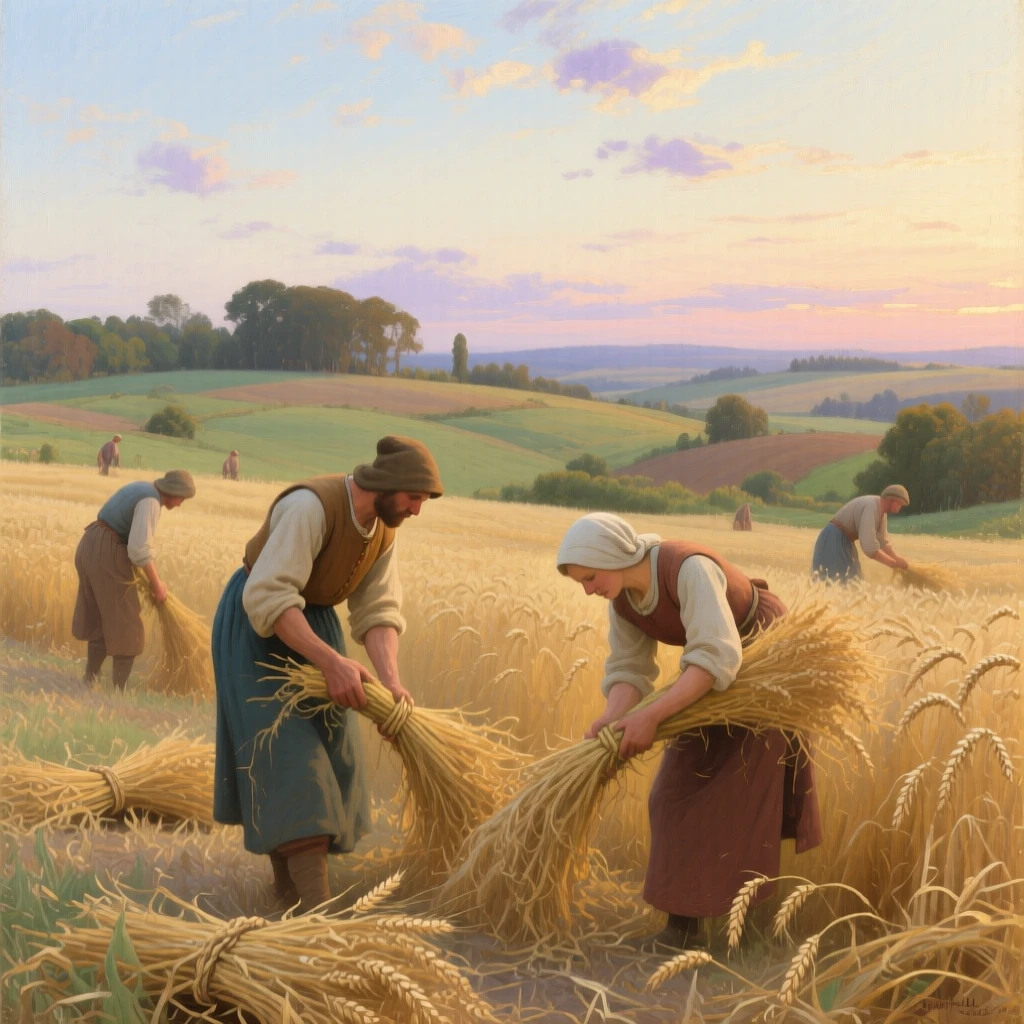 A centered composition of farmers gathering golden wheat sheaves under a late summer sky, in the pale light of early evening, in medieval times.