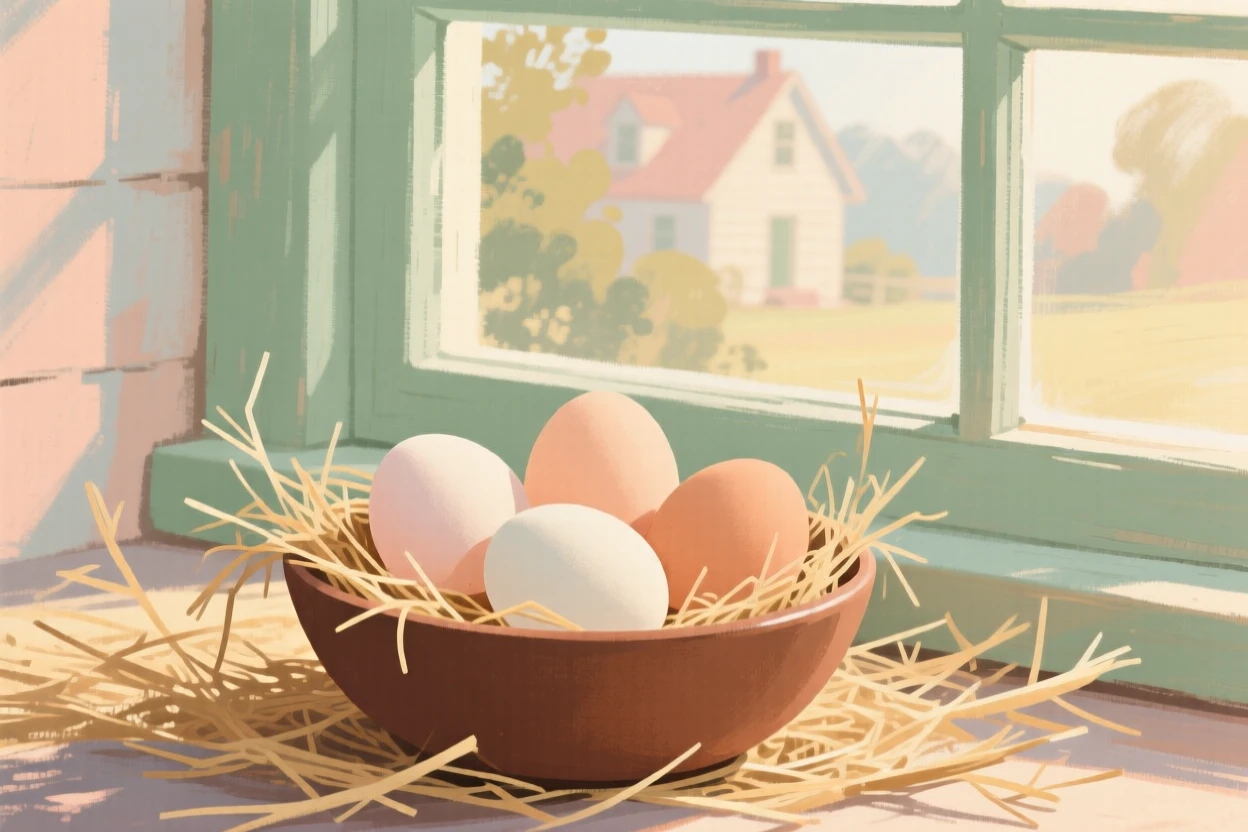 A bowl of fresh eggs nestled in straw beside a farmhouse window
