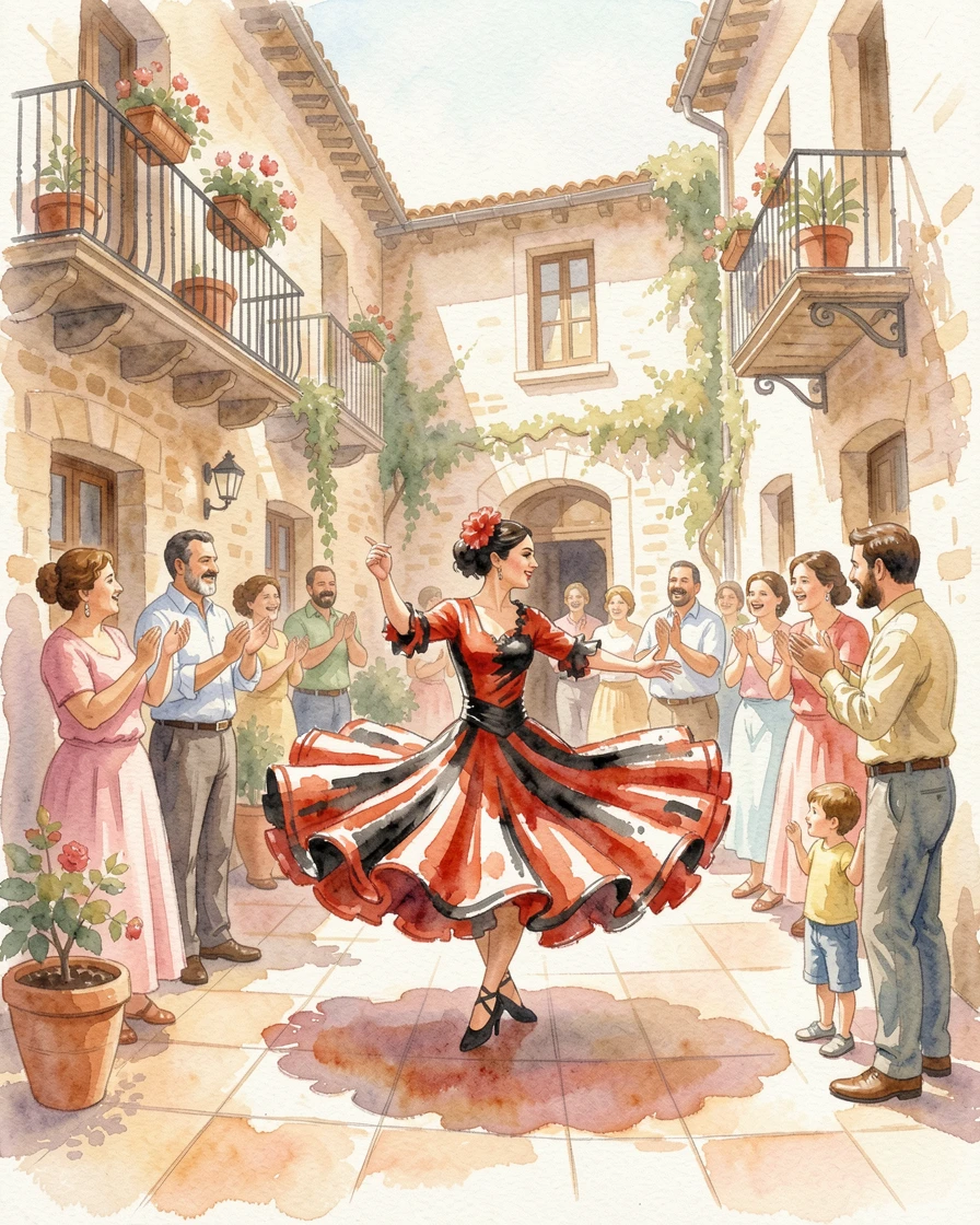A flamenco dancer mid-twirl in a sunlit courtyard with the whole community joining in.