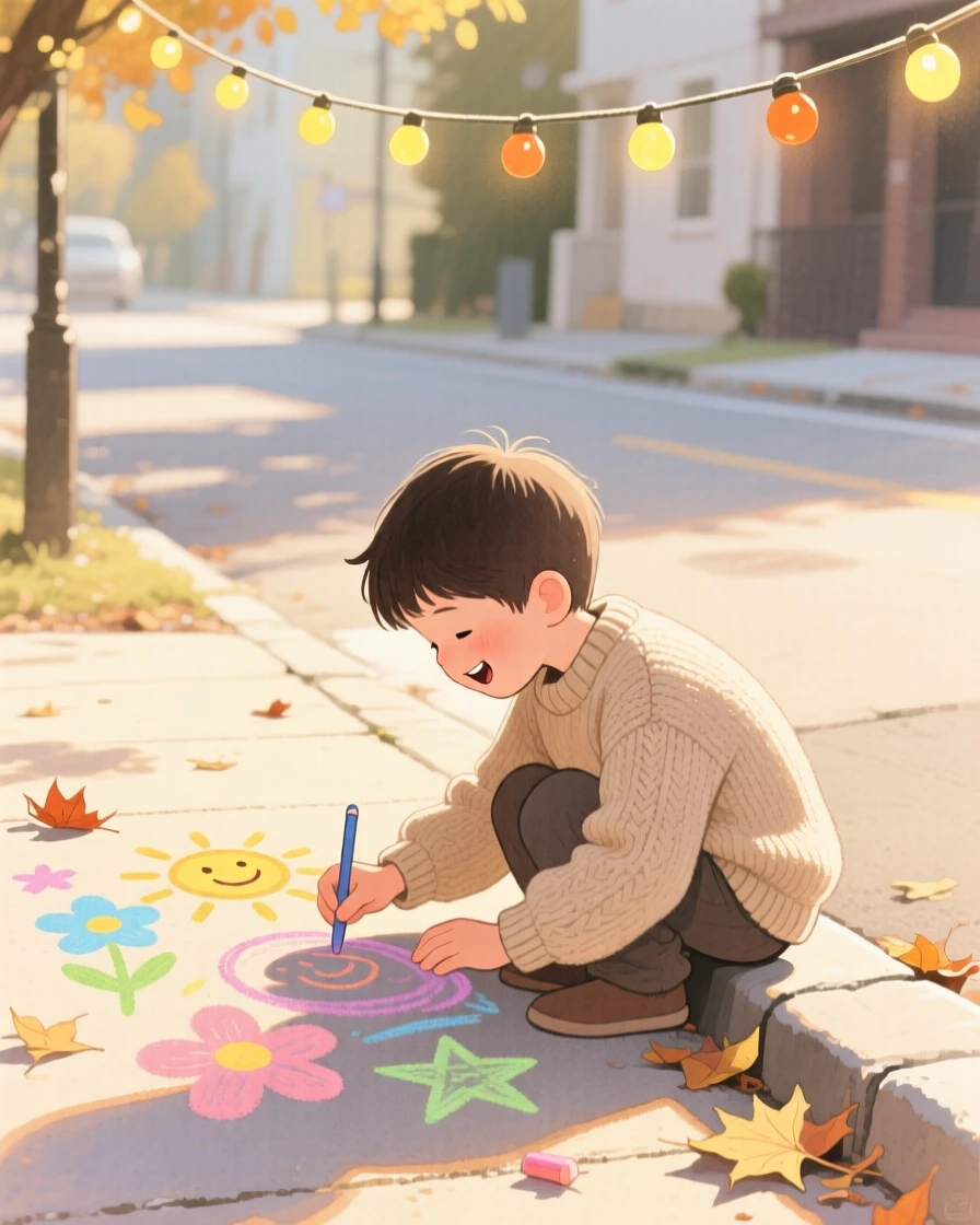 A boy in a knitted sweater draws chalk pictures on the sidewalk under a canopy of string lights, laughter and joy filling the warm afternoon air
