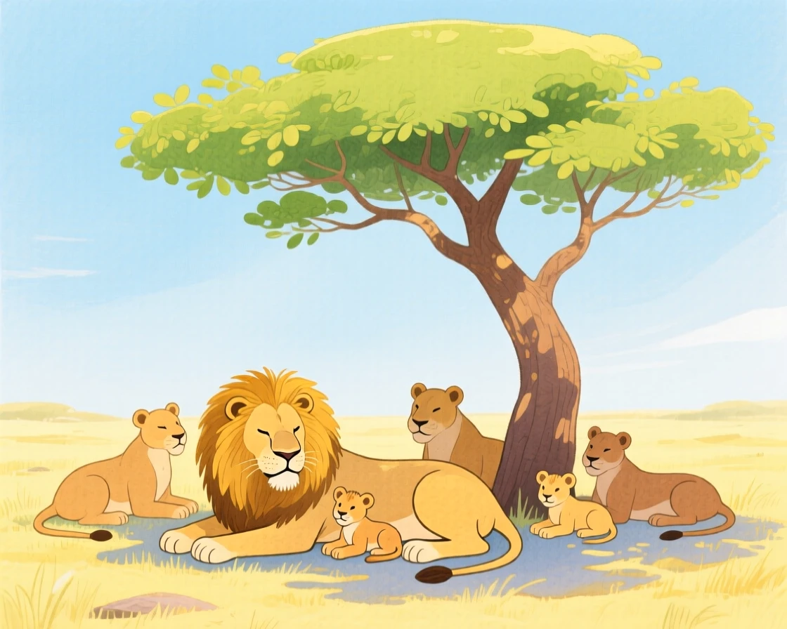 A vivid scene of a pride of lions resting beneath an acacia tree.