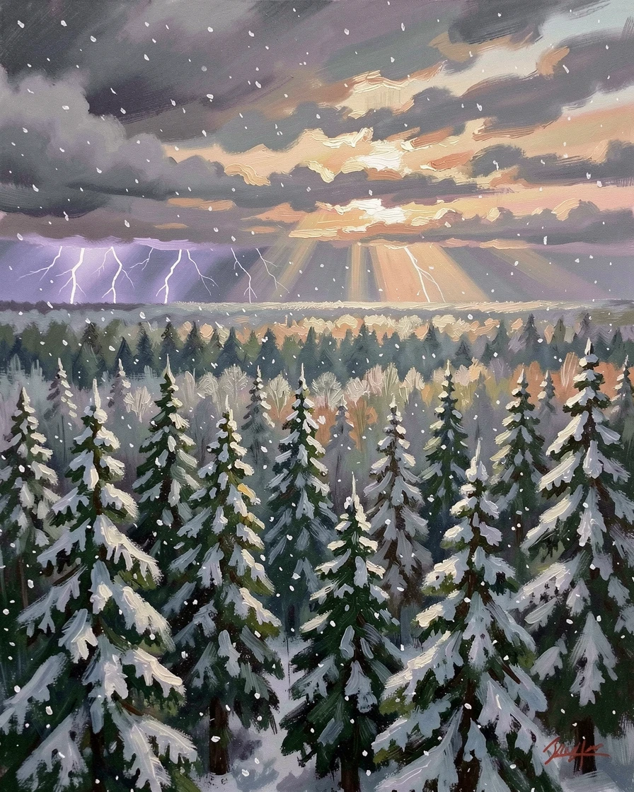 Above a dense forest canopy, a gentle snowfall blanketing a quiet forest, lightning flickering silently in the distance, just before sunset, light breaking dramatically through the clouds.