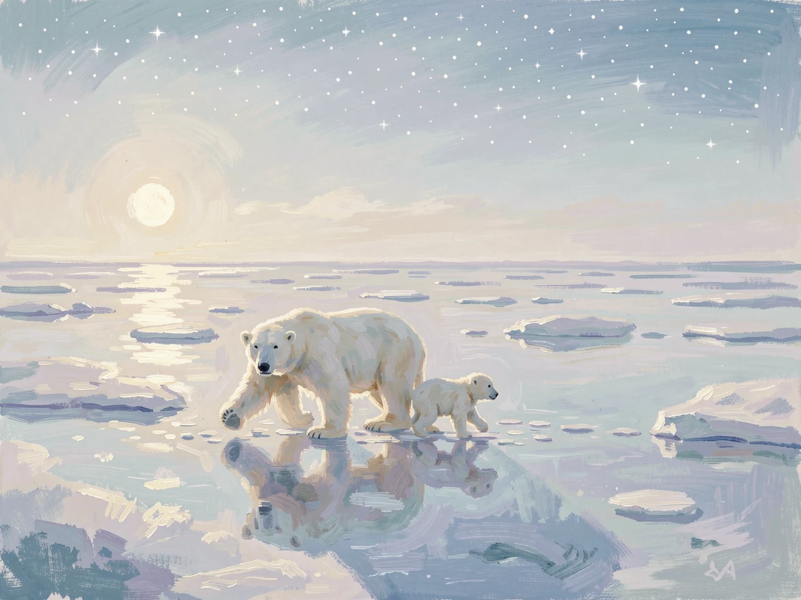 A polar bear and her cub walking across a vast expanse of Arctic ice under a pale winter sun, under a canopy of stars, evoking a sense of peace and quiet wonder.