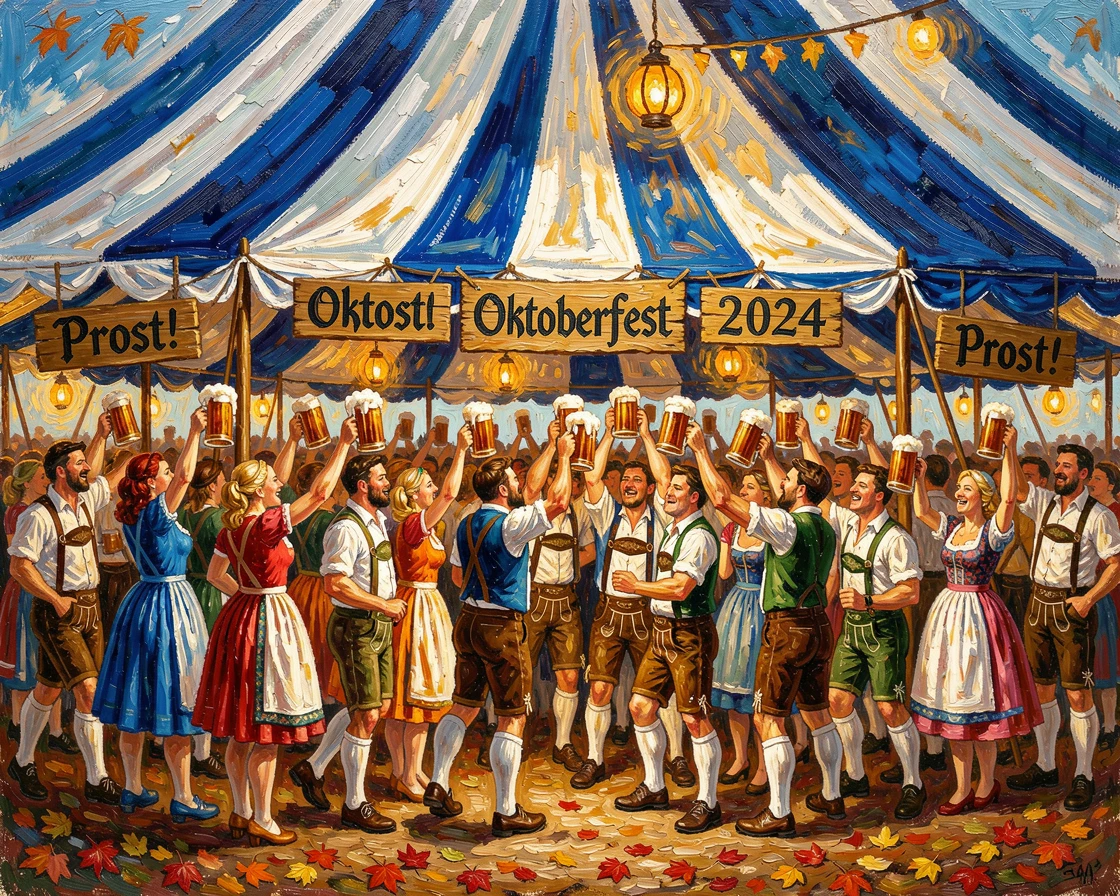 A grand Oktoberfest celebration with beer steins raised beneath a festival tent.