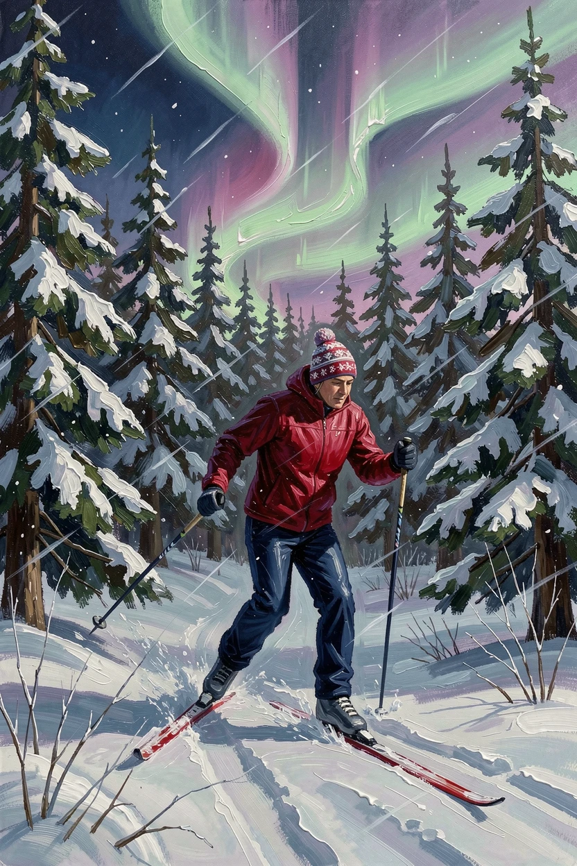 A cross-country skier glides through a snow-covered forest at dusk, the aurora borealis beginning to shimmer faintly overhead, the natural elements, whether wind, water, or snow, playing an active role in the scene.