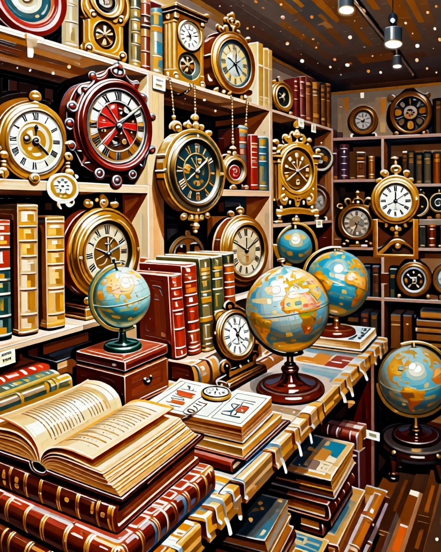 A antique shop crammed with vintage clocks, globes, and dusty leather books