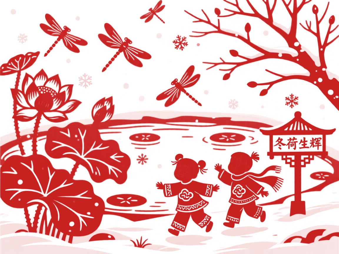 A Winter scene of a lotus pond alive with dragonflies, children playing in the crisp open air.