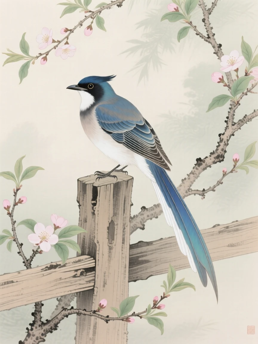 A paradise flycatcher perched on a wooden fence post in early spring, soft morning light filtering through the branches