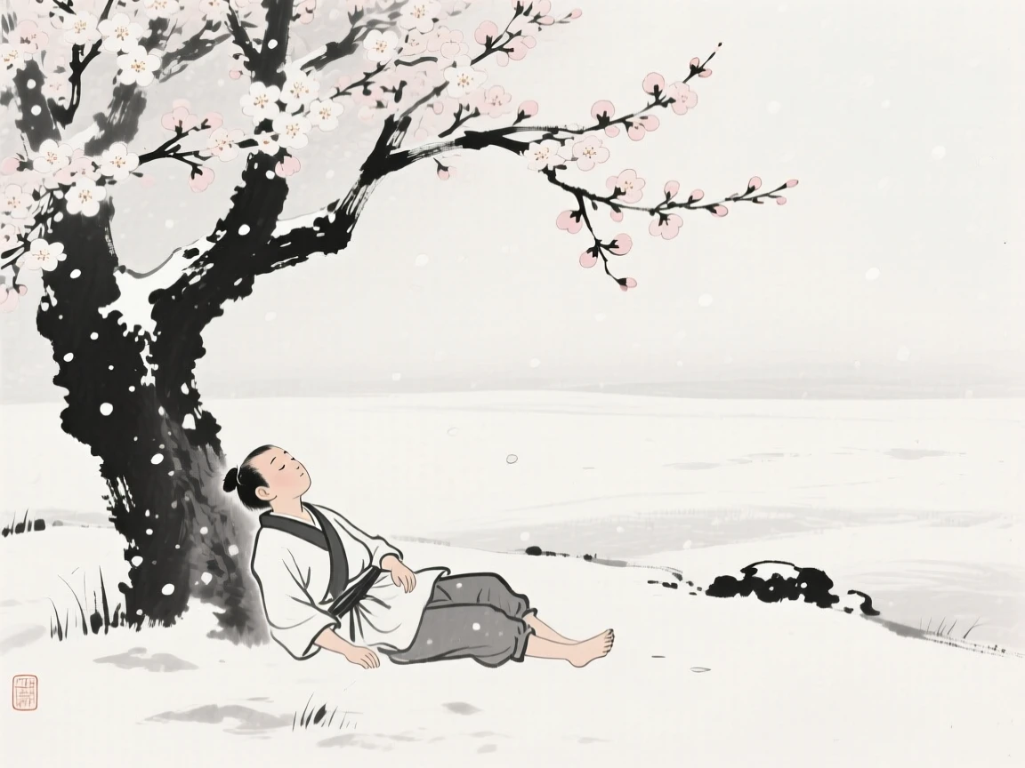 A young farmer resting beneath the shade of a blossoming tree in a quiet garden beneath falling snow, framed small within a vast, quiet landscape, evoking warmth, simplicity, and quiet dignity.