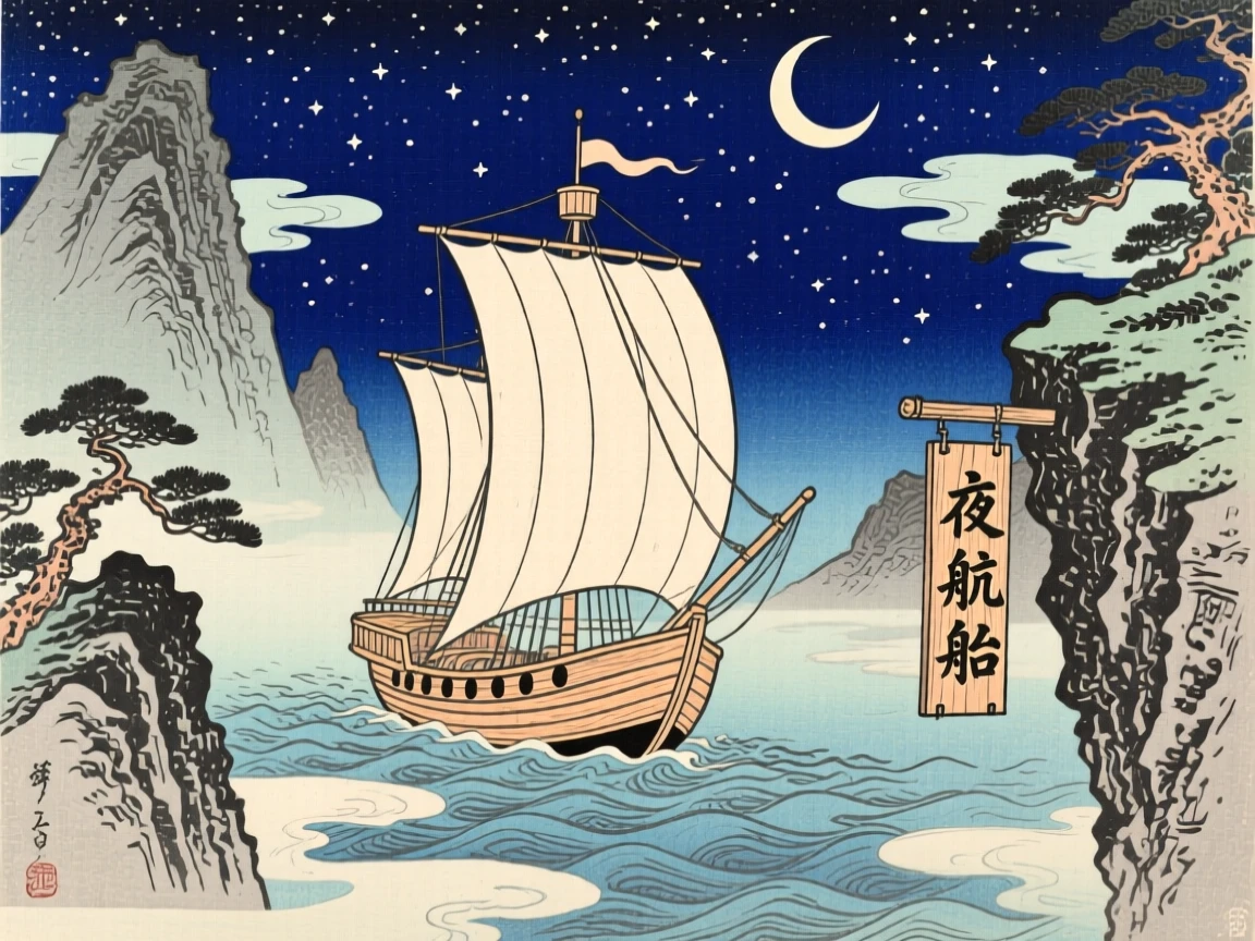 A sky ship sailing between floating mountains, drifting silently through the night.
