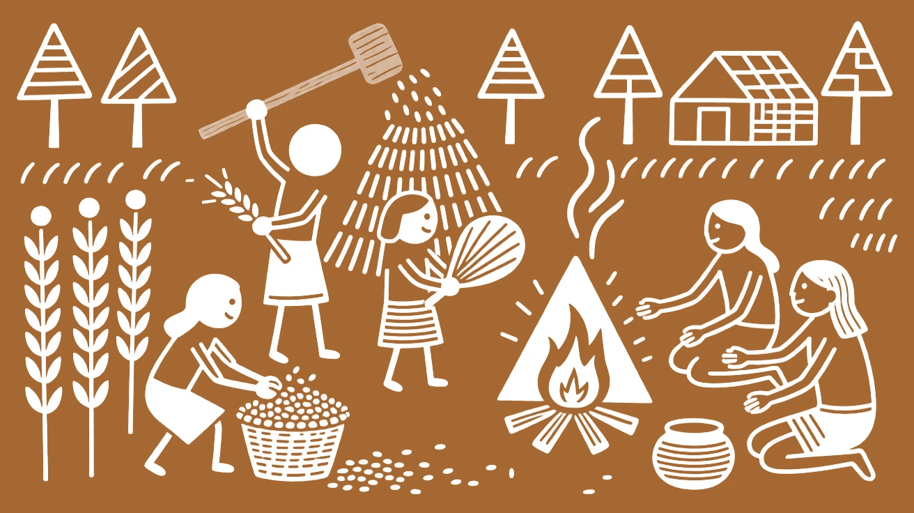 A family threshing wheat by hand gathering around a fire after the harvest is complete.