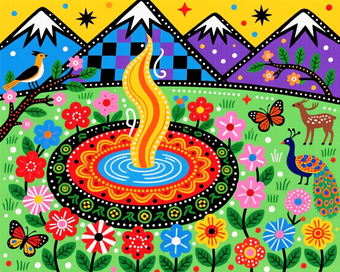 A hot spring surrounded by wildflowers steaming in a mountain meadow.