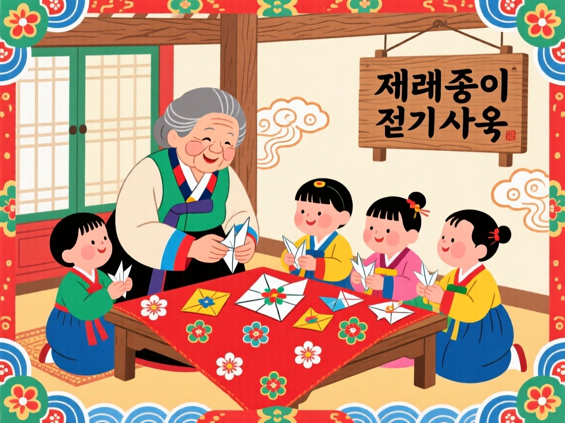 A grandmother teaching children to fold ceremonial paper decorations.