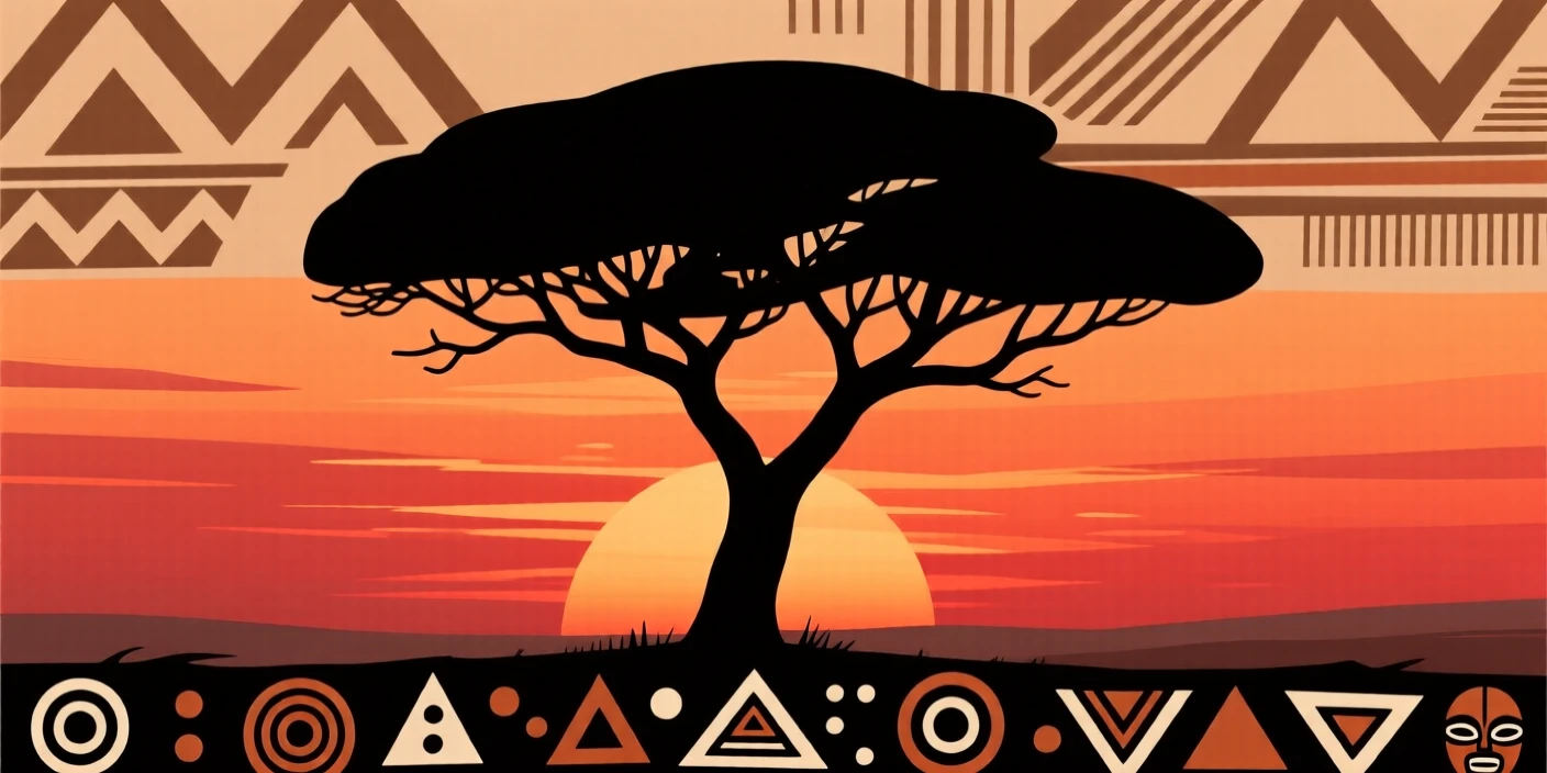 A solitary acacia tree silhouetted against a fiery sunset.