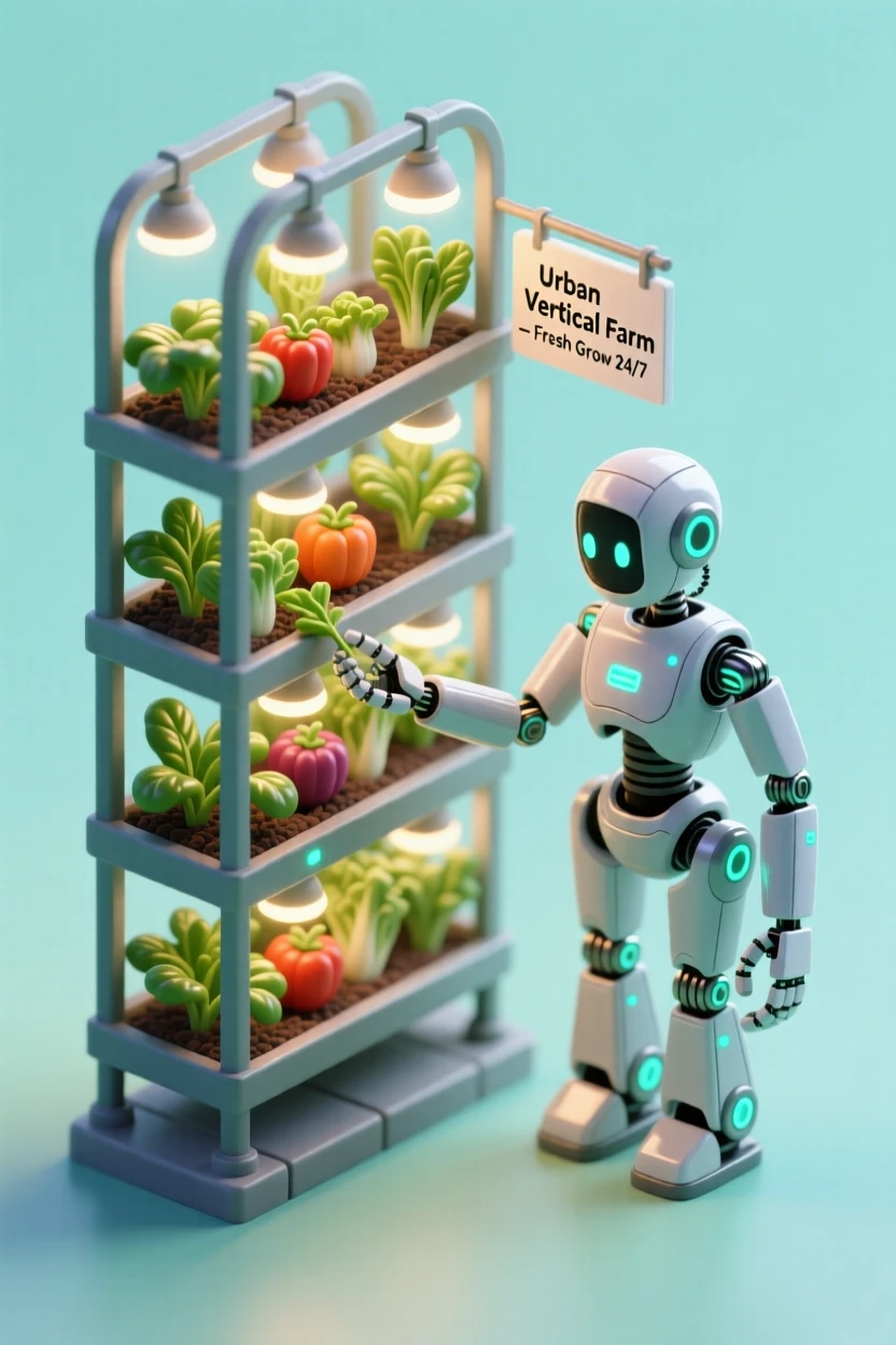 A robotic gardener tending an urban vertical farm, rows of vegetables glowing under artificial grow lights.