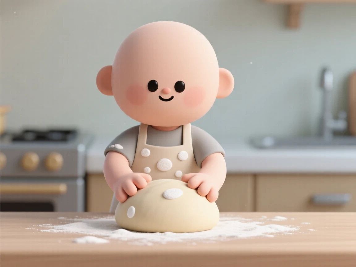 A determined home cook kneads pizza dough while flour dusts the kitchen counter and apron.