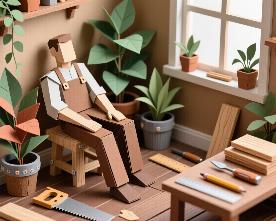A meticulous woodworker relaxing in a cozy plant-filled room, with tools and materials scattered nearby, evoking creative passion and focus.
