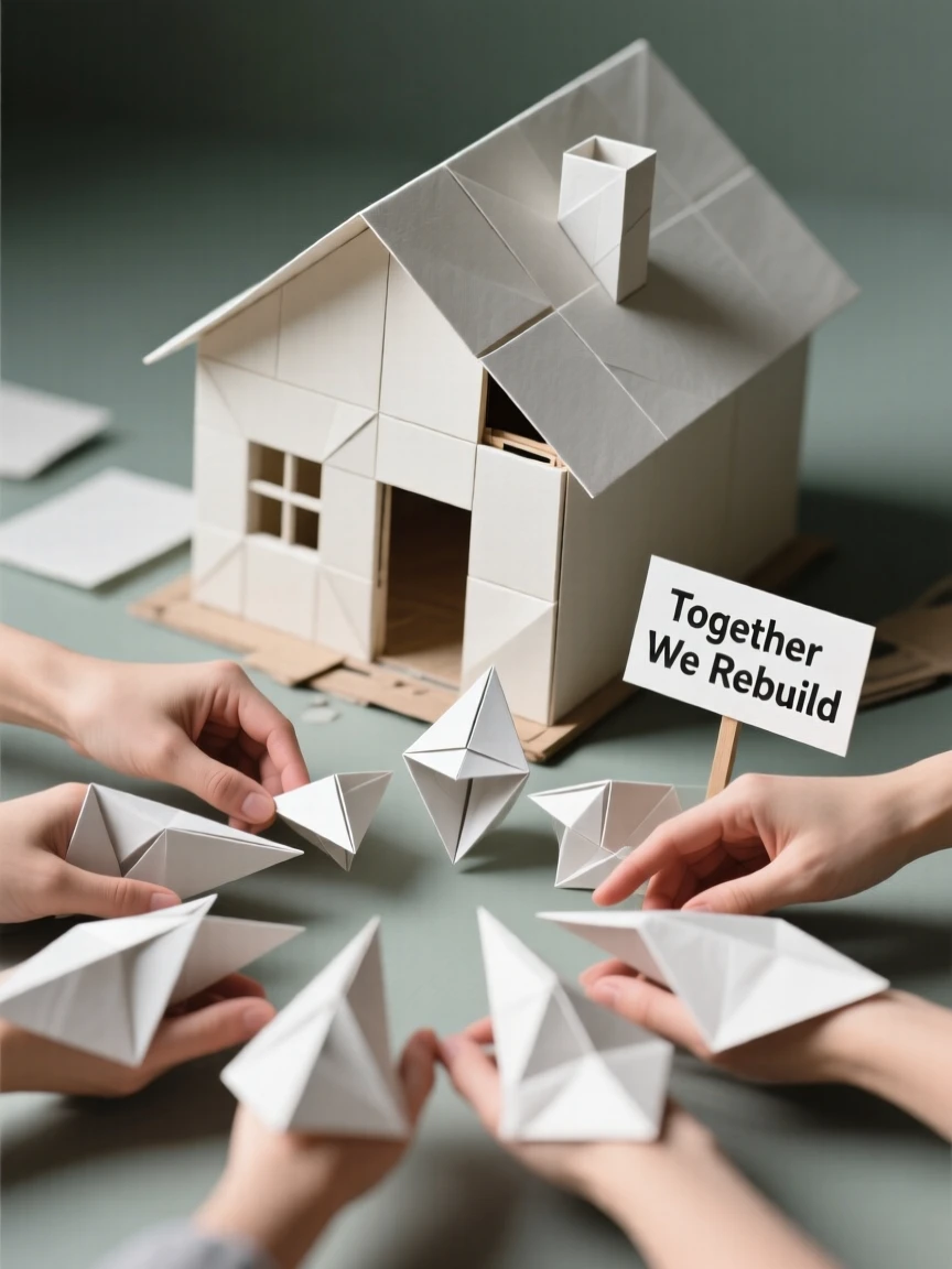 A community coming together to rebuild a home after a storm, hands joined in effort.