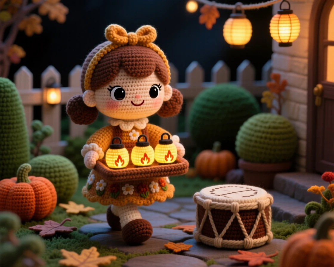 A festive cultural scene of a little girl carrying a tray of small lanterns for a festival of lights procession, walking carefully through a dim courtyard within a family garden set for a harvest gathering; a small drum resting nearby nearby, full of joyful community celebration and shared tradition.