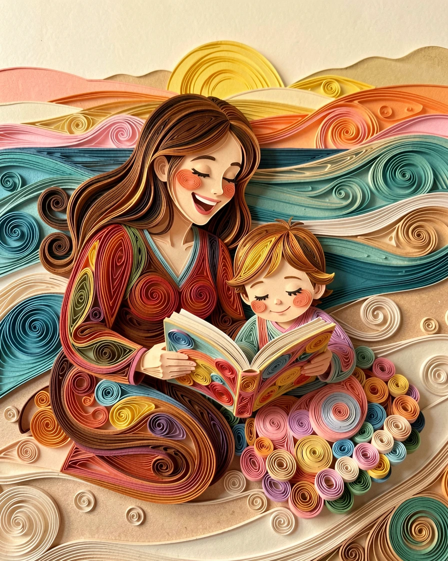 A heartwarming moment of a mother reading a bedtime story to her sleepy child on a quiet beach at golden hour, with soft shadows adding quiet intimacy, captured mid-laugh in a candid, joyful moment.