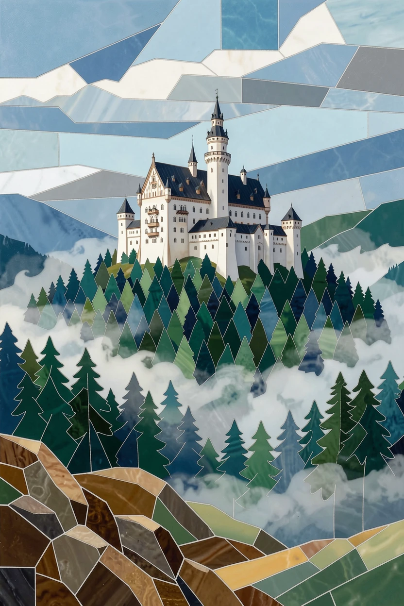 Neuschwanstein castle rising from a misty bavarian forest, viewed from a dramatic elevated vantage point.