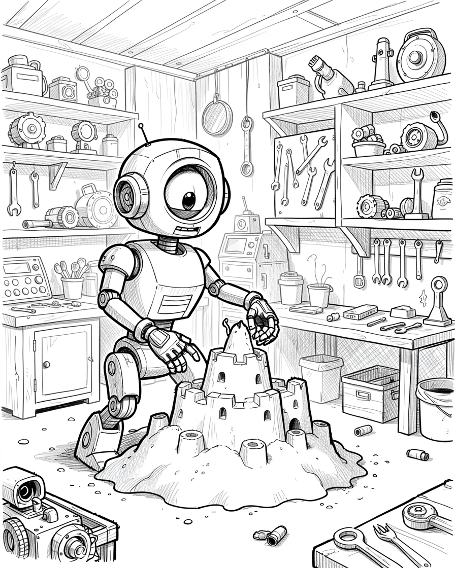 A robot building a sandcastle at the beach in a garage full of tools and gadgets.