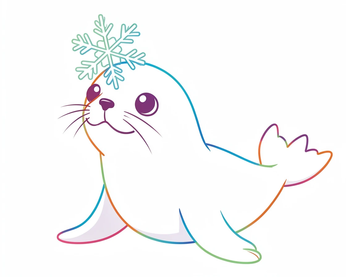 A round-eyed baby seal character balancing a snowflake on its nose.