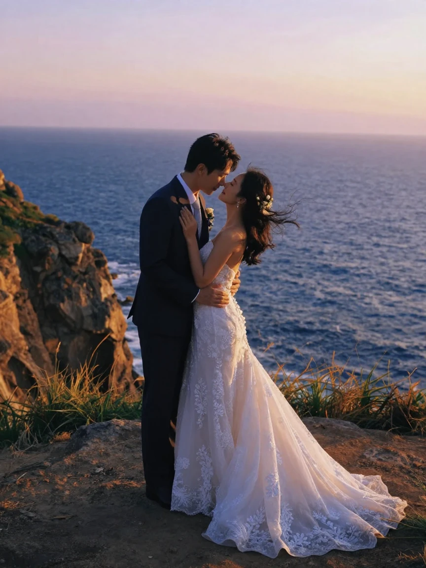 A newlywed couple embracing on a windswept coastal cliff as the day comes to an end
