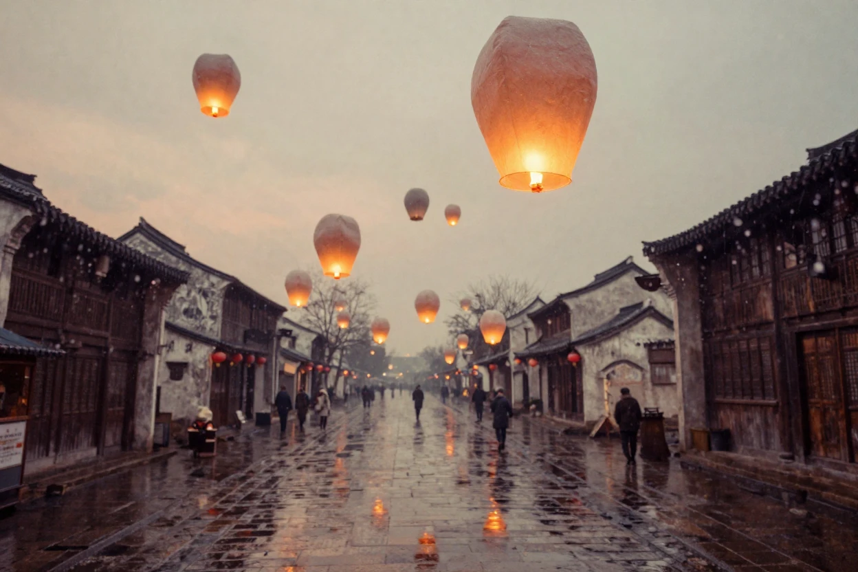 A vibrant lantern festival lighting up a night sky with floating lights, in the pale light just before sunrise, just after a rain shower, with puddles reflecting the sky, in the depths of winter, in soft muted pastels, through a rain-streaked window.
